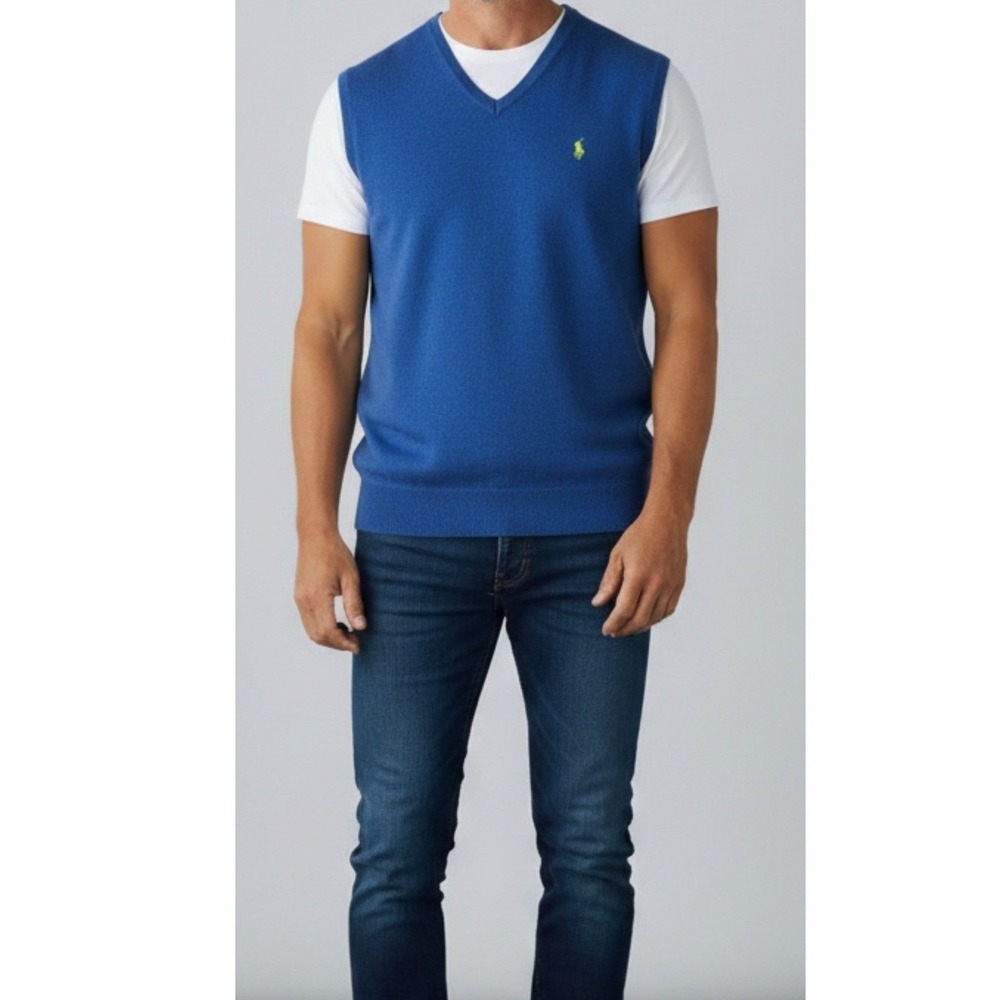 Polo Ralph Lauren Cotton V-Neck Sweater Vest Mens 3XLT Blue Yellow Pony Preppy